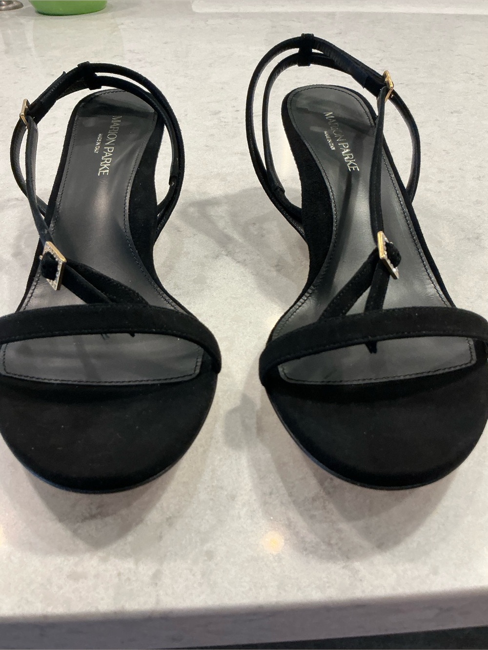 Marion  Parke Black Suede Strappy Heels with Gold Buckles SALE TODAY ONLY